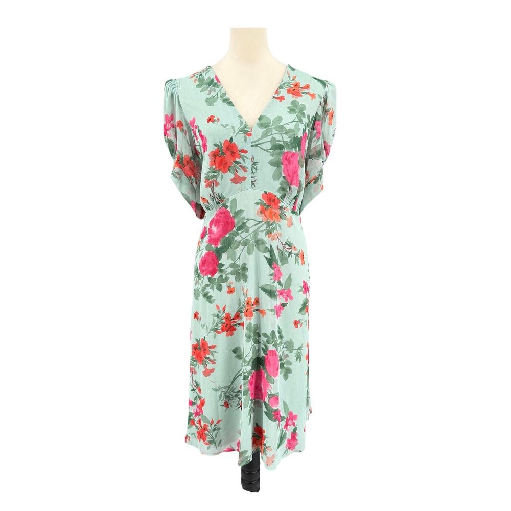 Calvin Klein PLUS Light Green Sage Floral Short Sleeve Crinkle Chiffon Dress
